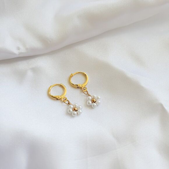 5/$25 Tiny Pearl Flower Huggie Hoop Earrings - Picture 5 of 6